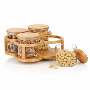 5Pcs Glass Storage Jar Set with Bamboo Lids & Stand
