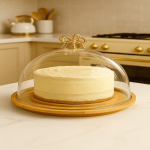 Fancy Cake Dome with Cover – Bamboo Wooden Base