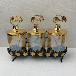 Glass Jar with Metal Lids and Metal Stand 3-Pcs