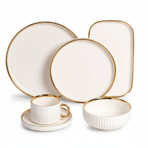 Premium Porcelain Dinner Set with Cream Shine Finish and Elegant Self Linning Texture