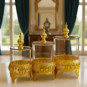 3- Luxurious Gold Pedestal Jars Set Premium Quality