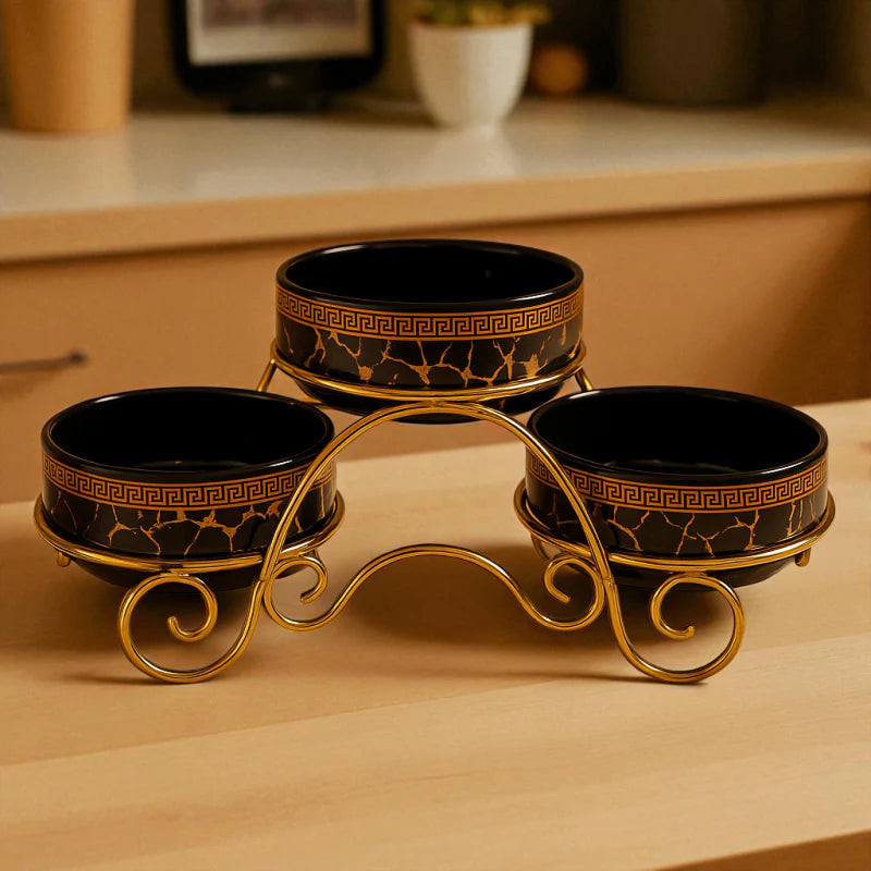 Elegant Luxurious 3-Tier Ceramic Serving Bowl With Gold Stand