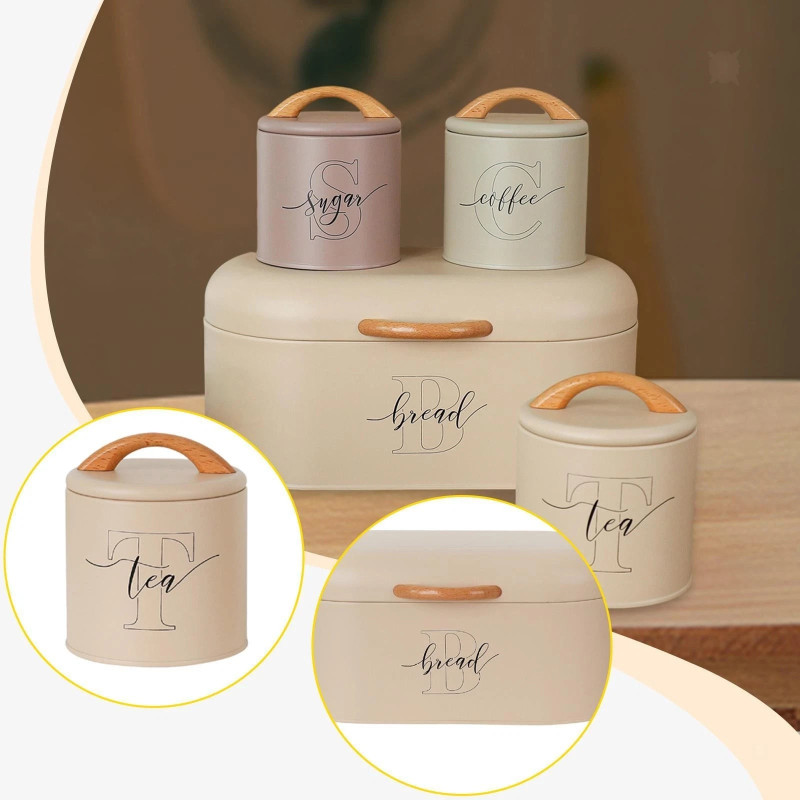 Set of 4 storage boxes for sugar, coffee, tea, for kitchen counter