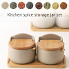 Japanese Style Ceramic Spice Jars, Seasoning Jar Combination Set With 2 Wooden Spoons, Lid & Tray