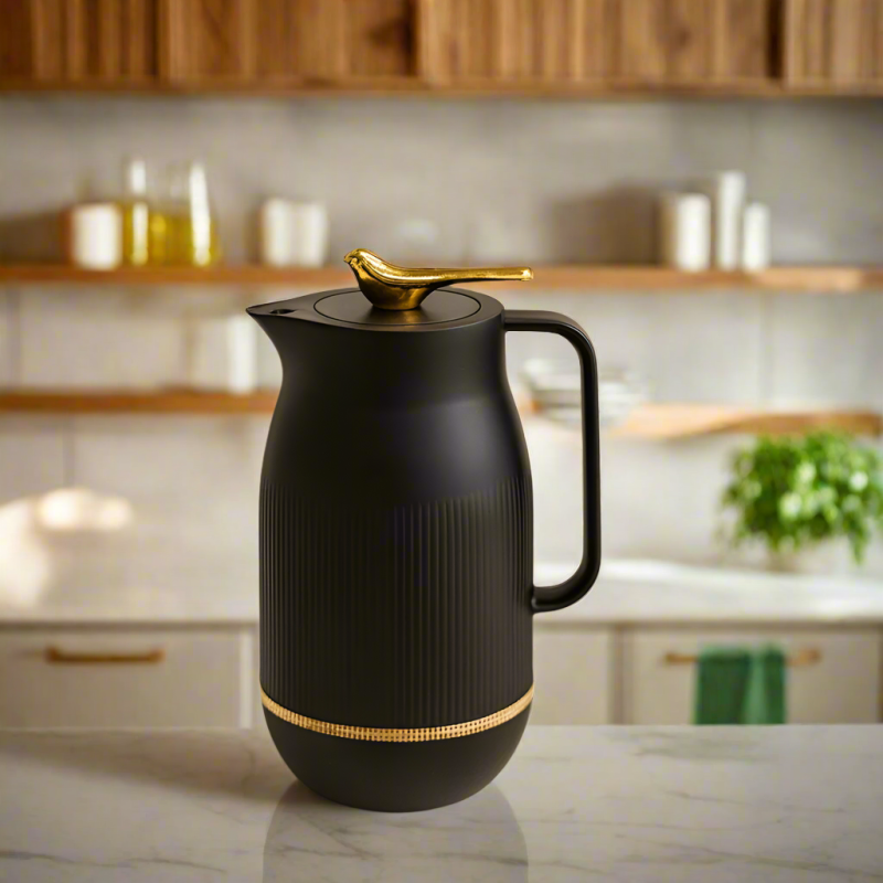 Luxury Black 1L Thermal Kettle – Gold Bird Handle Vacuum Insulated Flask