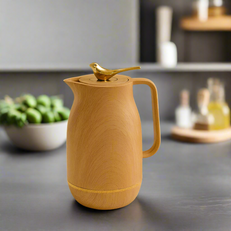 Premium Brown Vacuum Flask – Gold Bird Handle Hot and Cold Drink Server